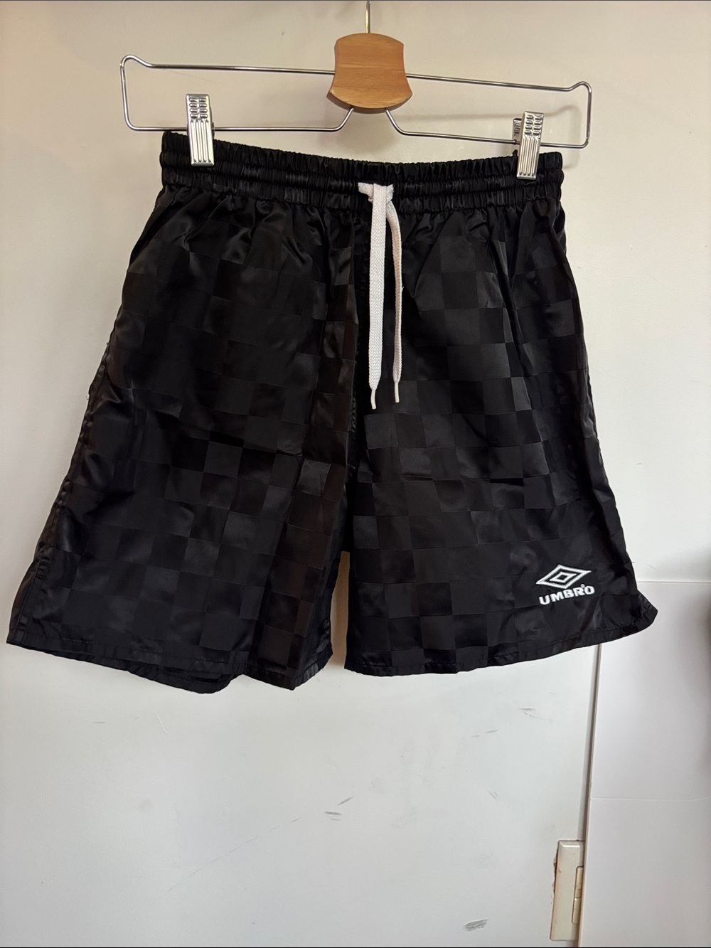 Umbro Black Checker Panel Athletic Shorts with White Drawstring